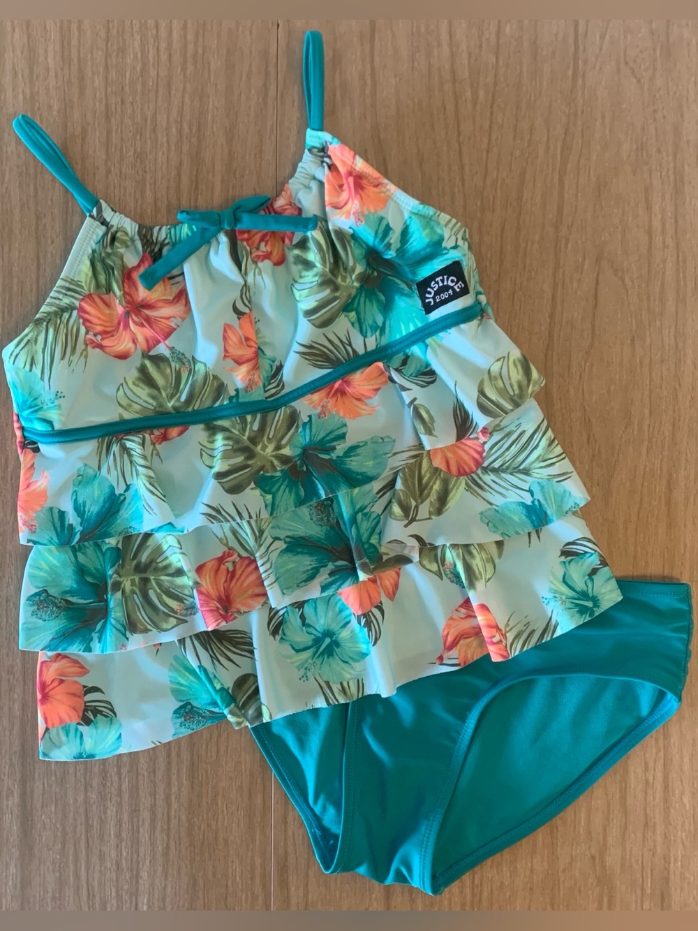 Justice Tankini Swimsuit Girls' Ruffle Two piece set teal Green orange floral XL
